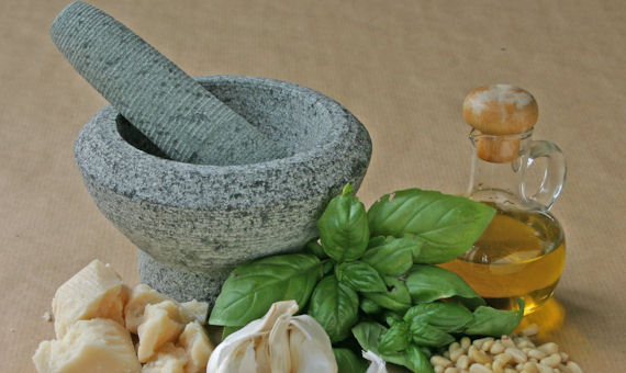 basil with pestle and mortar