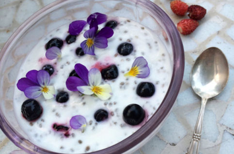 viola flowers decorating a desert dish