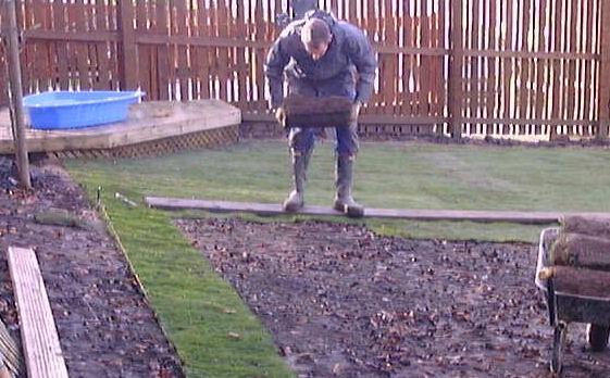 laying a roll of truf standing on a board