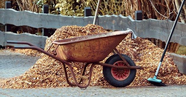 bark chips in pile next to wheelbarrow