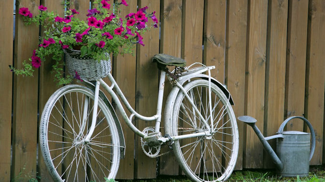 bike leaning against a fence